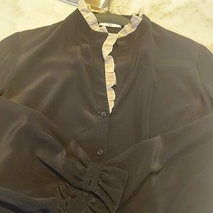 Black silk Sandro blouse w white ruffle detail
